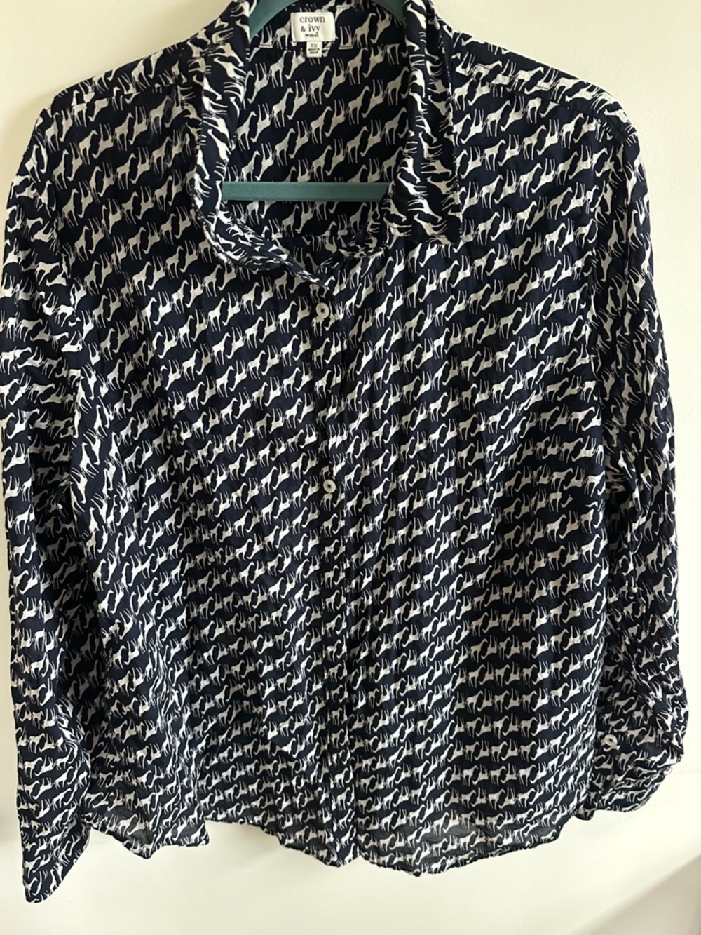 crown & ivy Navy and White Animal-Print Long Sleeve Button-Up Shirt